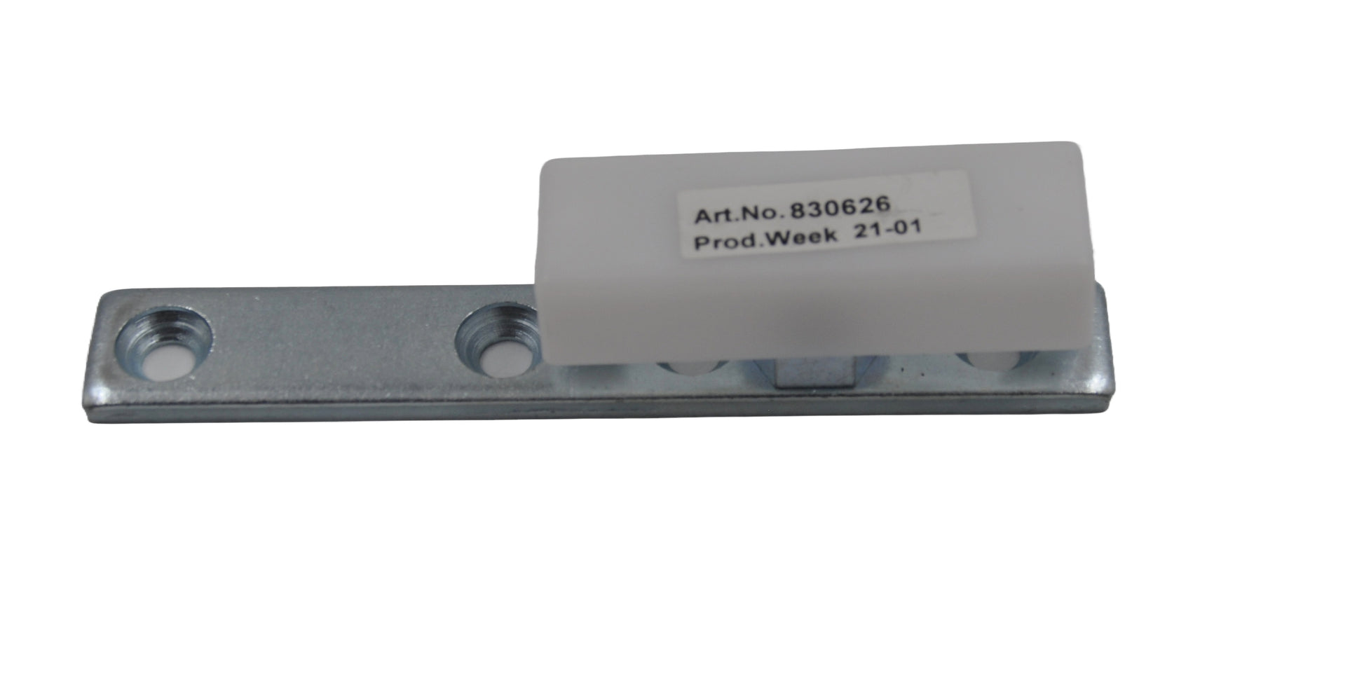 A top view of a  Besam Floor Guide Long Mounting Plate,  a rectangular metal plate with a white plastic rectangle mounted on the top and several holes drilled in,  also showing a white sticker with black print. On a white background.