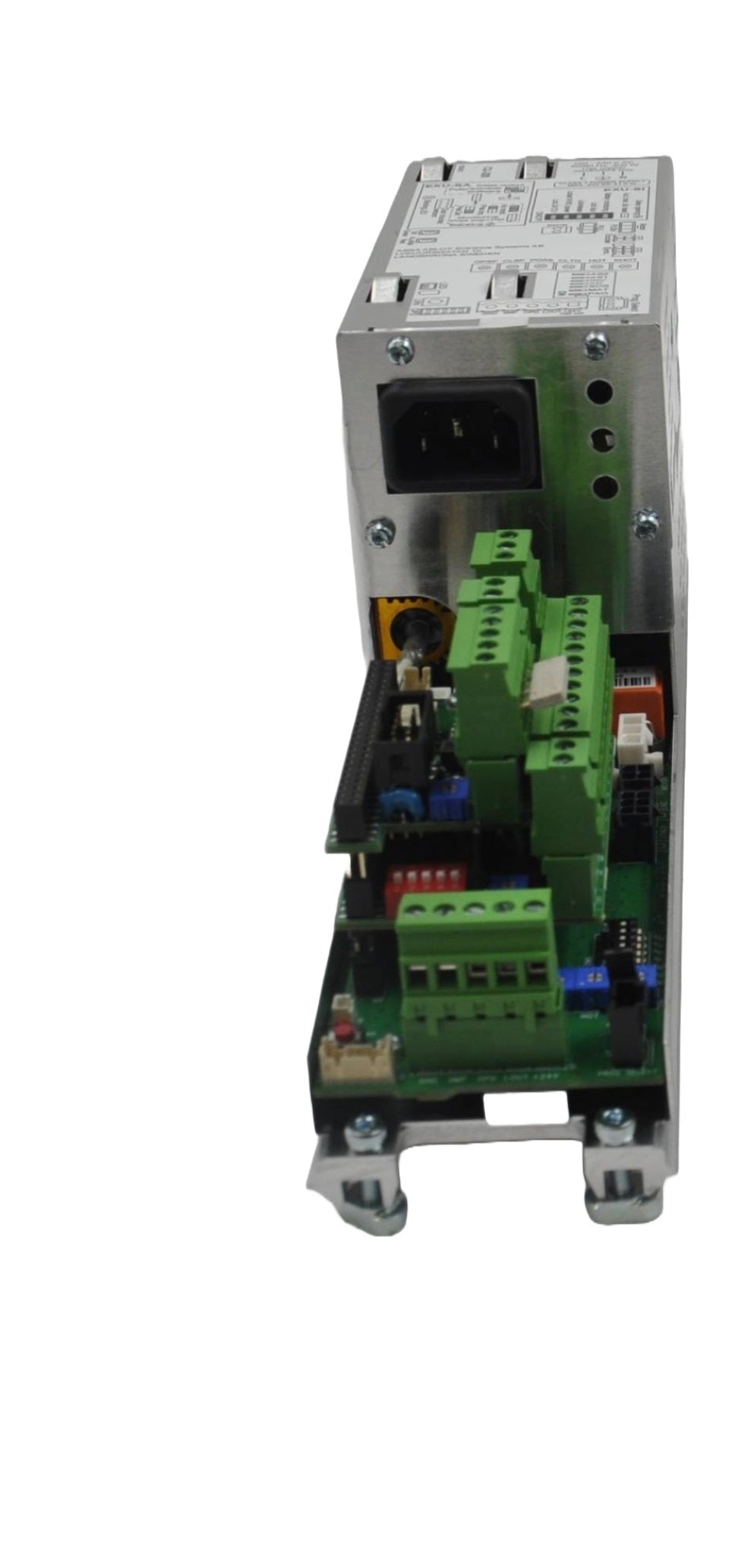 A side view of a Electrical control panel with green and grey components on a white background