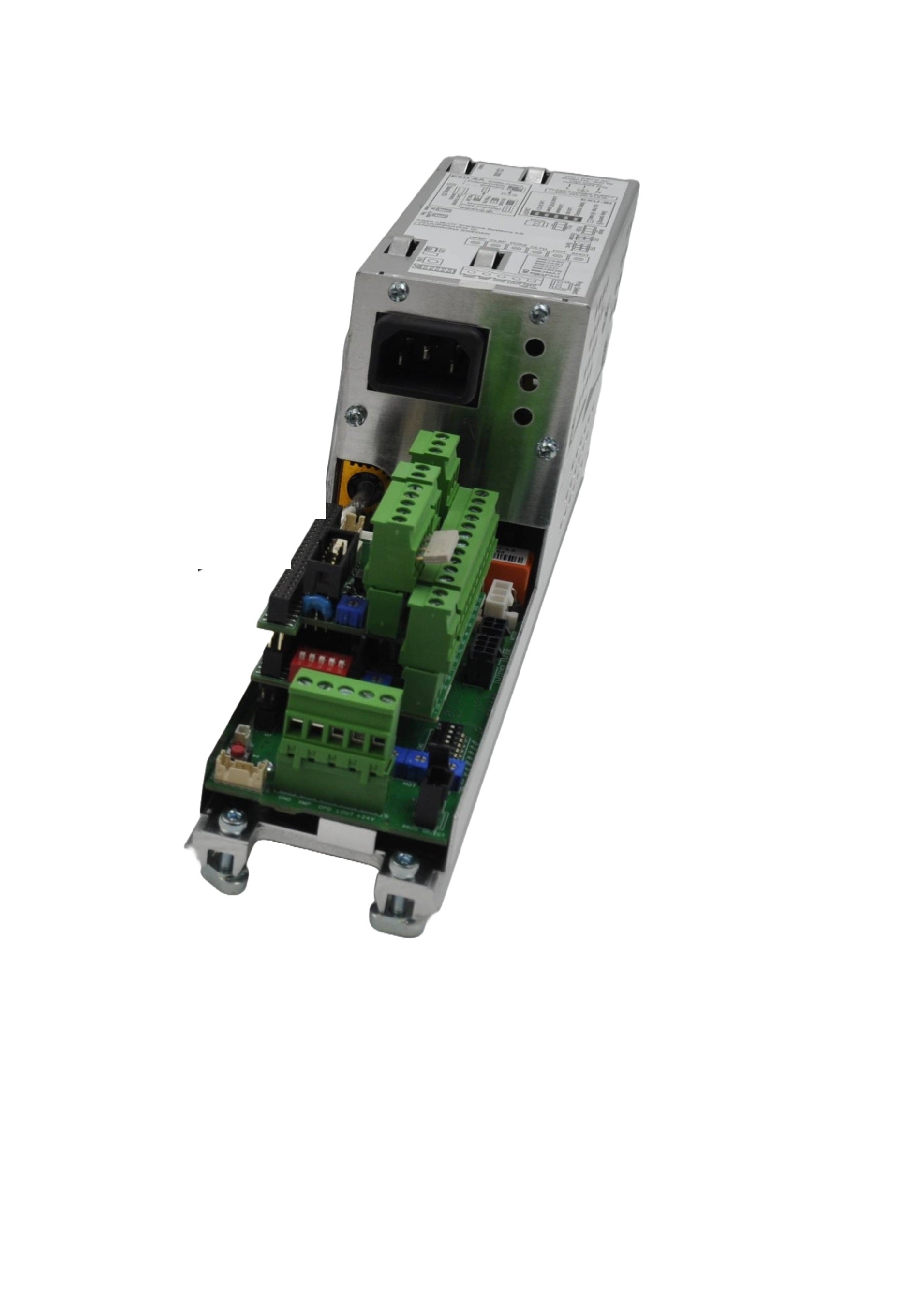 A side view of a Electrical control panel with green and grey components on a white background