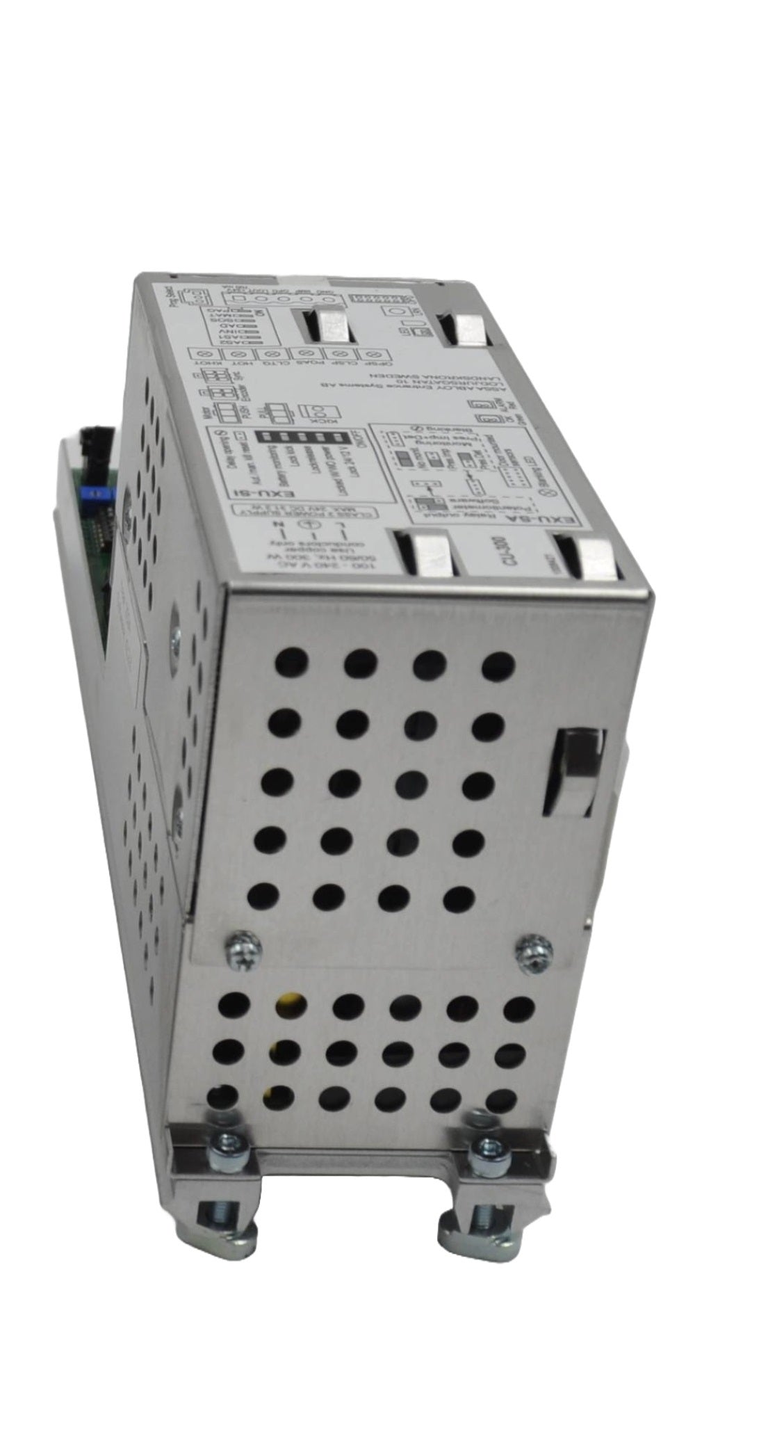 A rear view of a Electrical control panel with green and grey components on a white background
