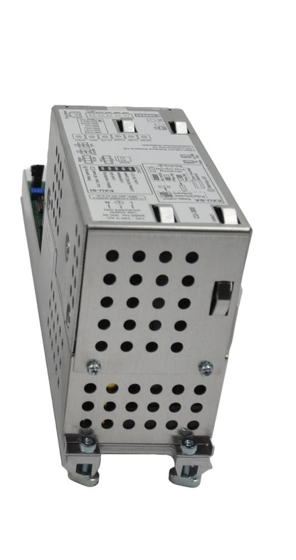 A rear view of a Electrical control panel with green and grey components on a white background