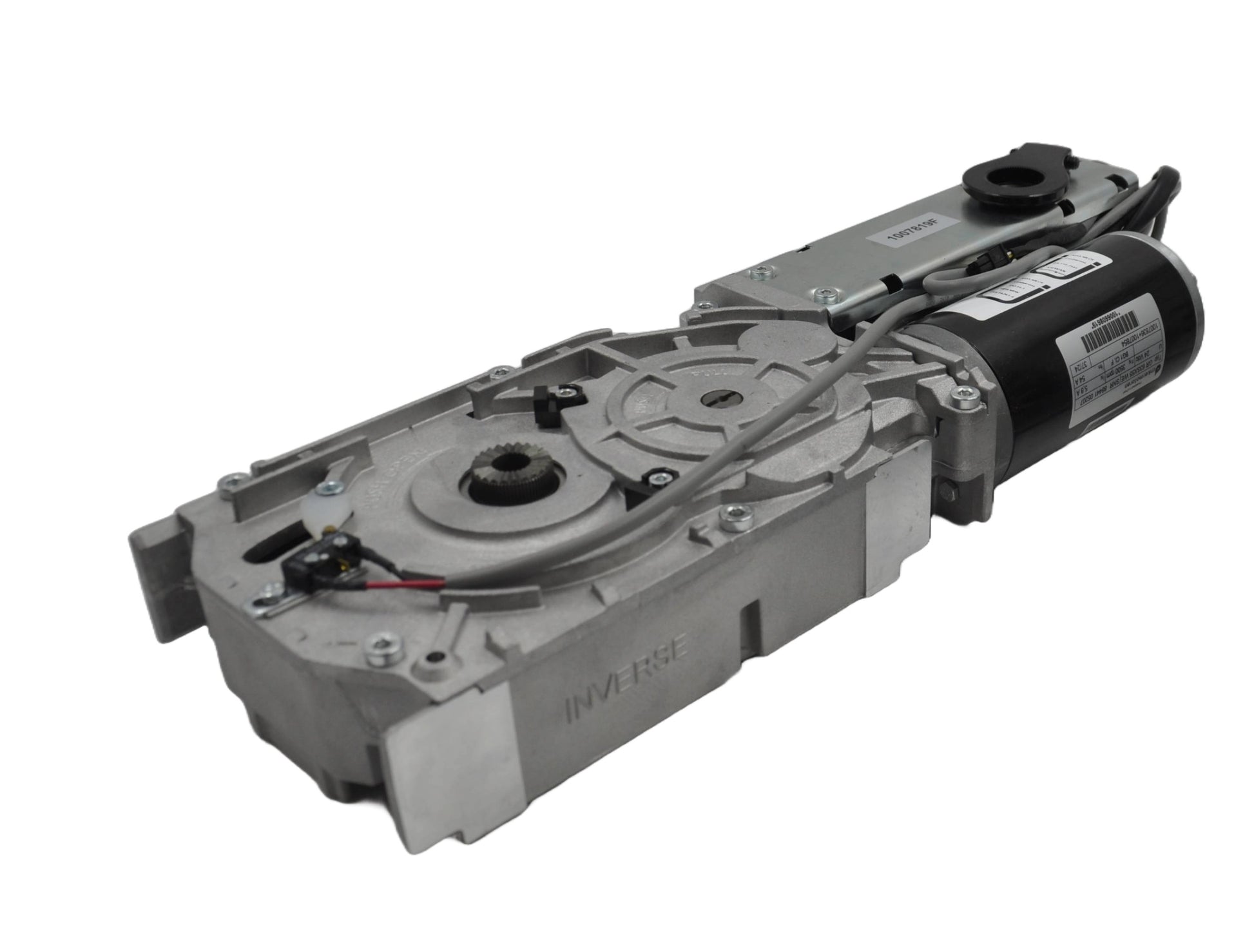 Front view of a Assa Besam sw300 Motor gearbox for automatic swing door operator on a white background 