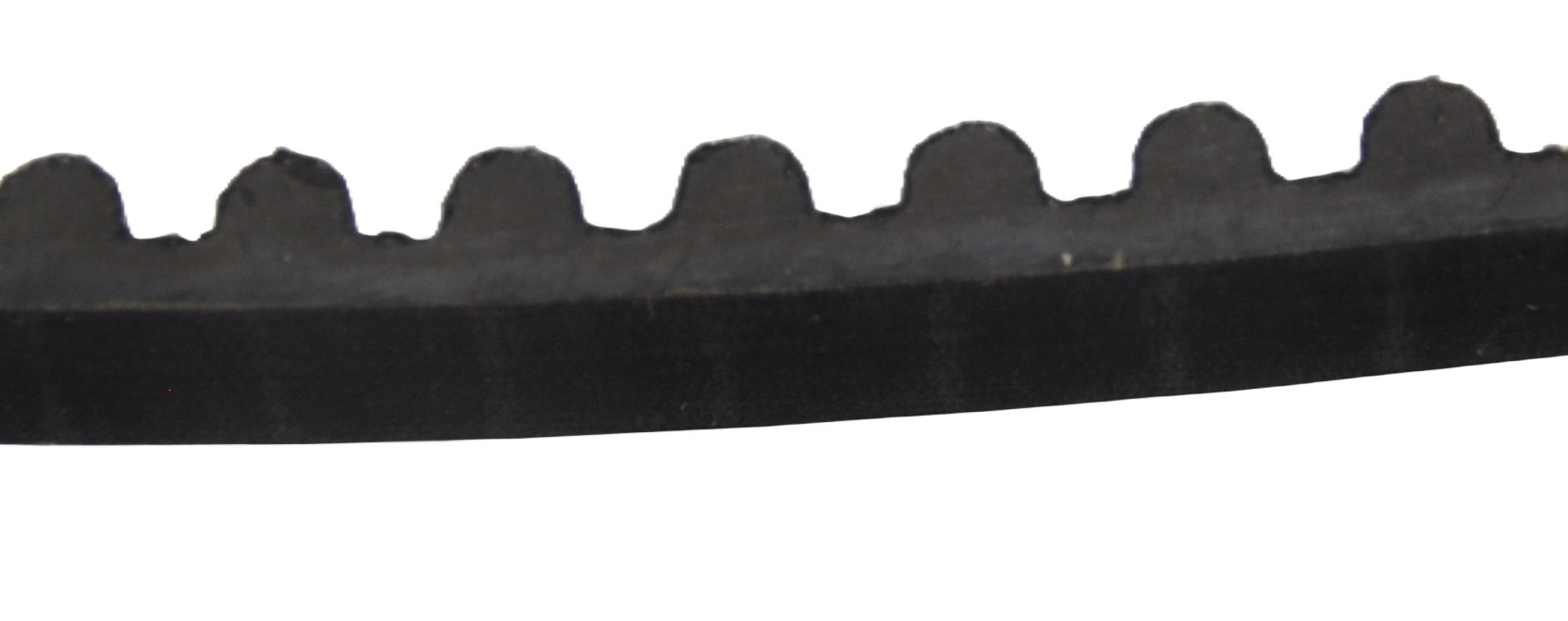 A close up side view of a black Besam unislide drive belt with teeth on a white background
