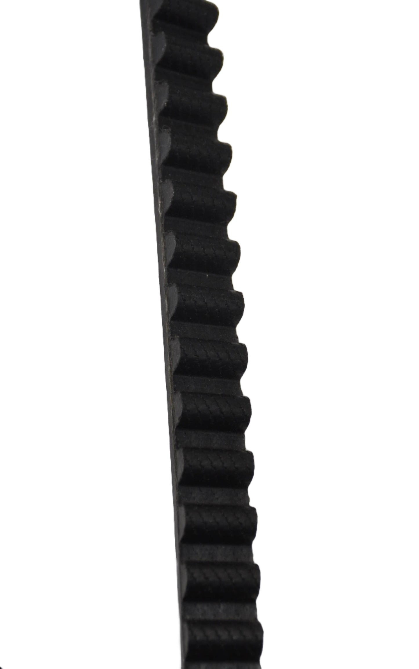 A front close up view of a black Besam unislide drive belt with teeth on a white background