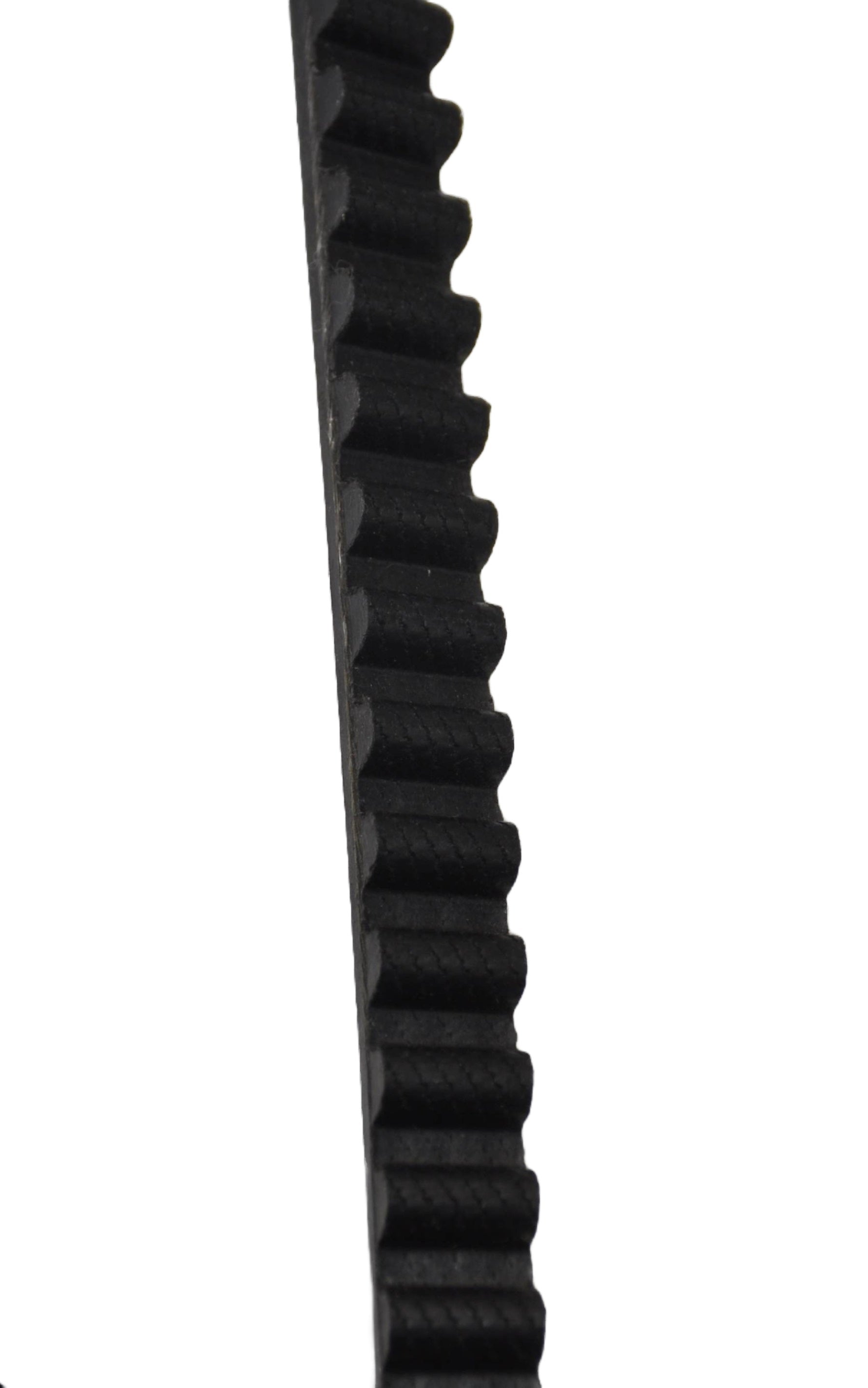 A front close up view of a black Besam unislide drive belt with teeth on a white background