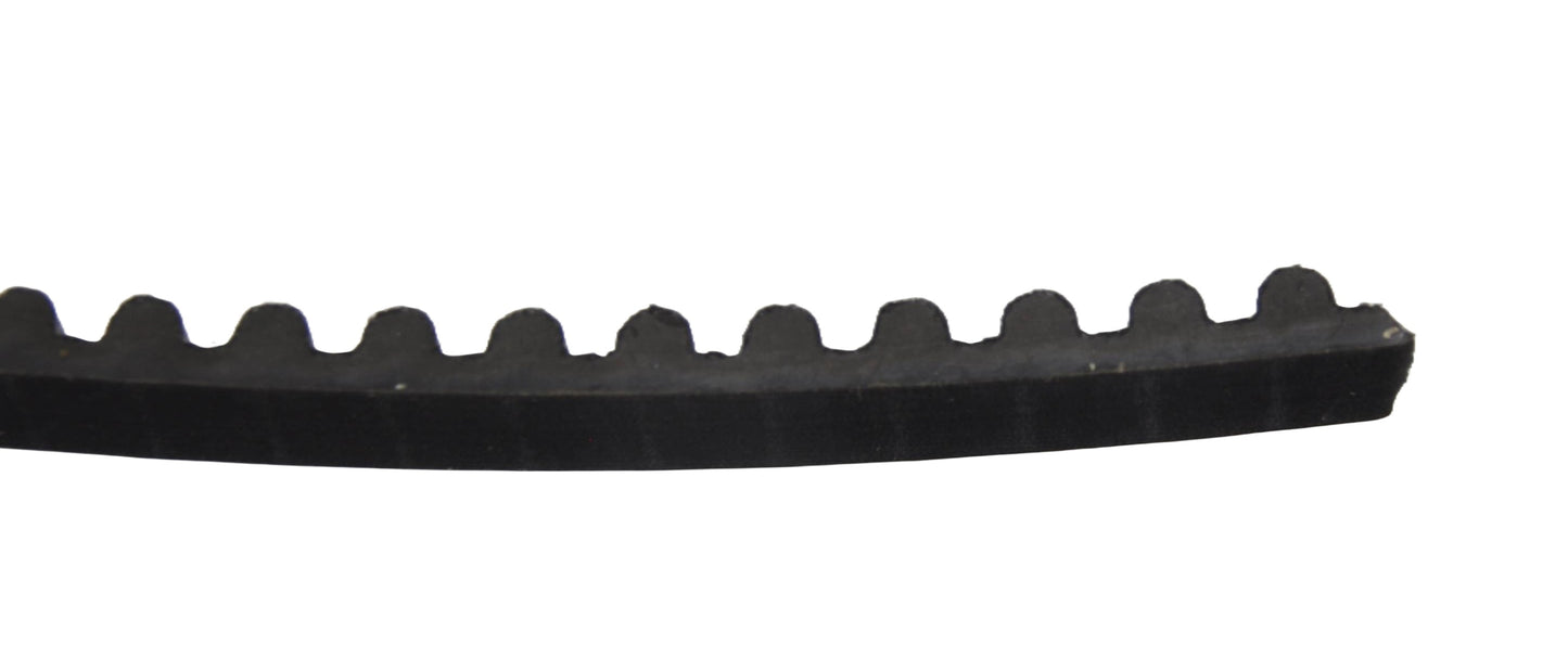A close up side view of a black Besam unislide drive belt with teeth on a white background