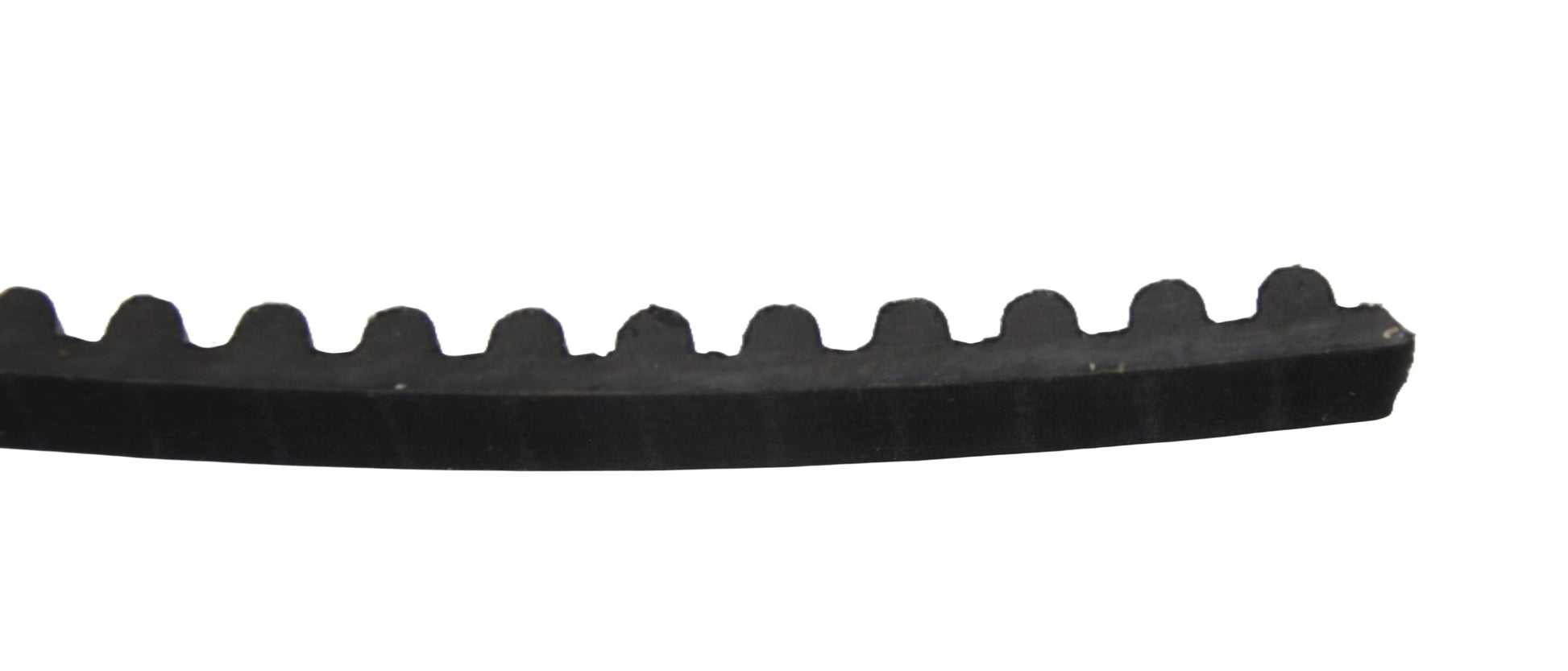 A close up side view of a black Besam unislide drive belt with teeth on a white background