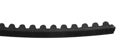 A close up side view of a black Besam unislide drive belt with teeth on a white background