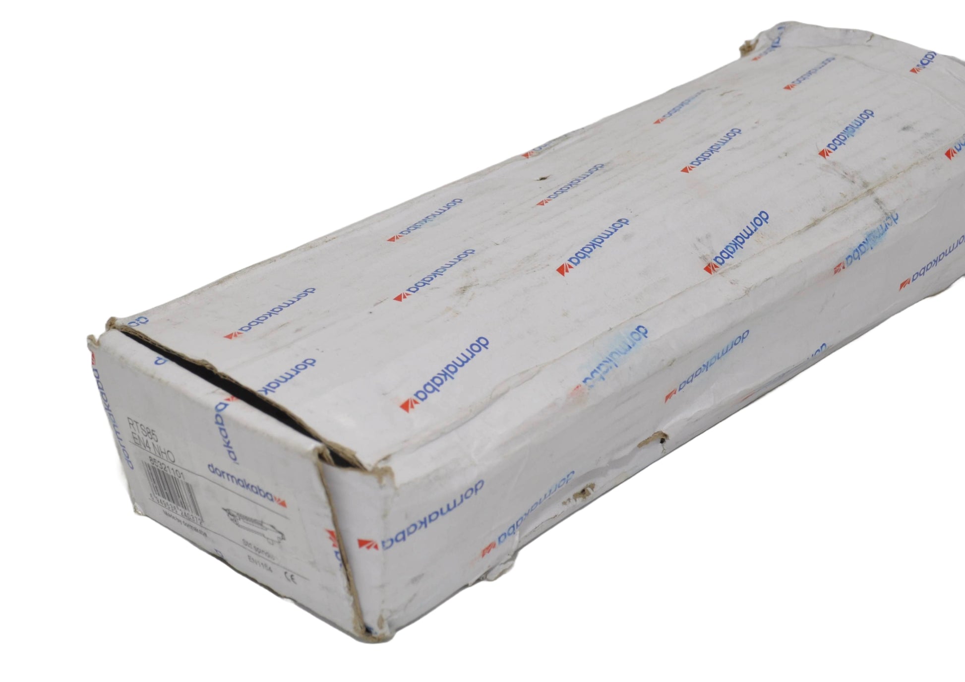 A view of a white rectangular box with the logo dormakaba printed in ble and red.  On a white background.