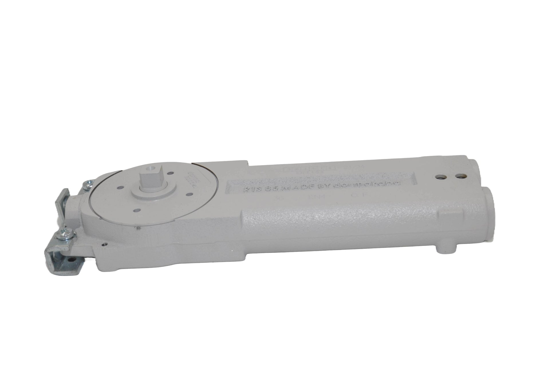 A view of a dormakaba RTS85 Transom Door Closer predominantly grey in colour. On a white background.