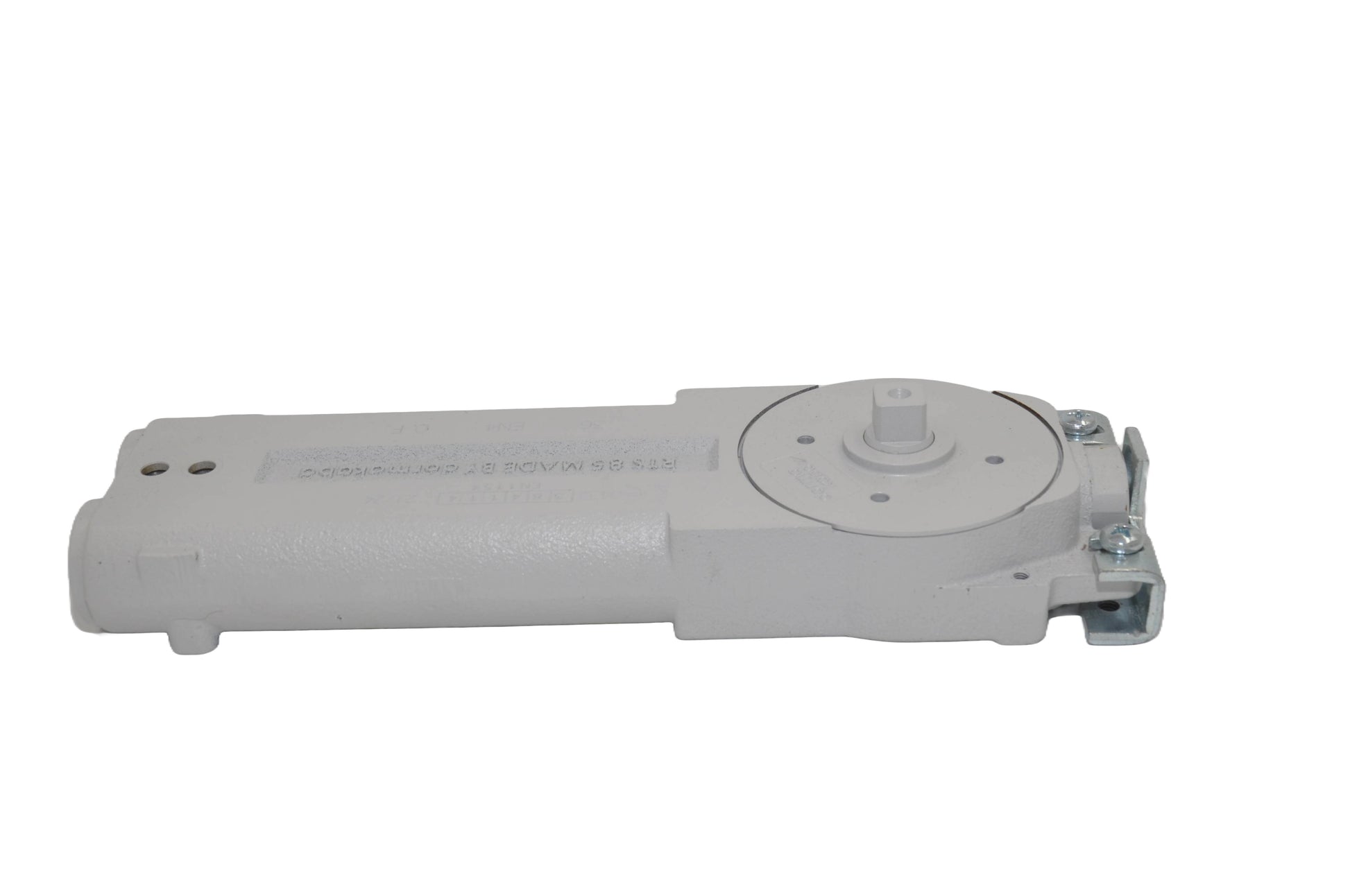 A view of a dormakaba RTS85 Transom Door Closer predominantly grey in colour. On a white background.