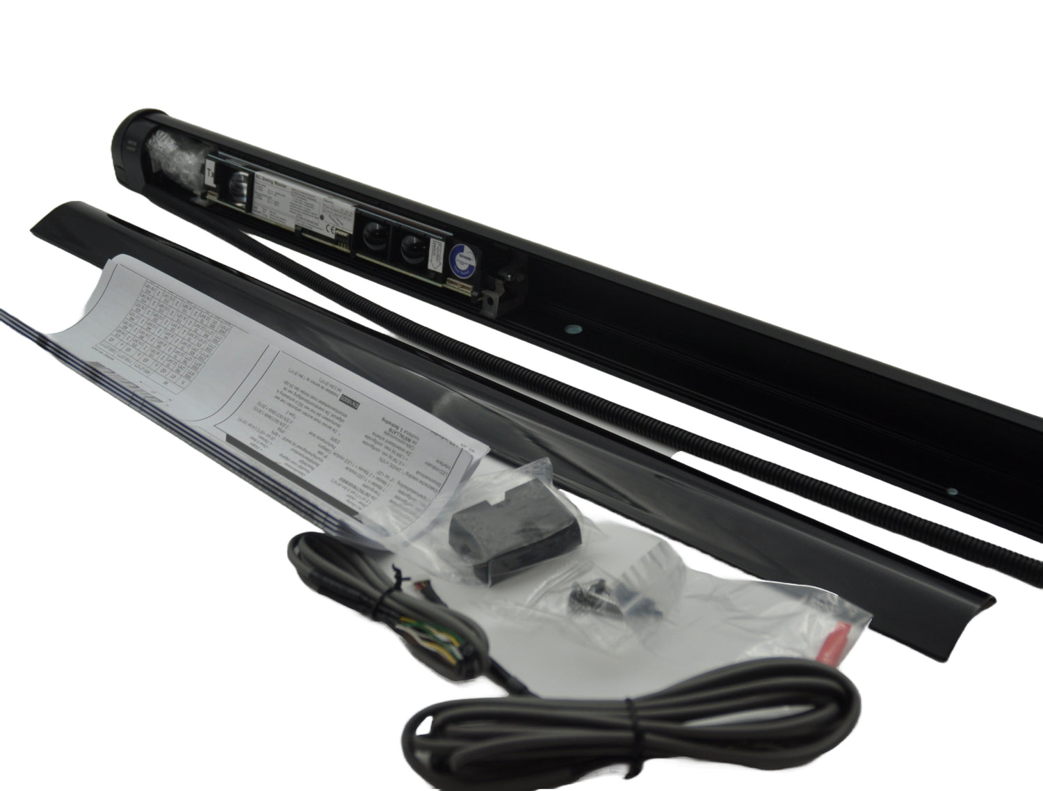 Automatic swing door safety sensor kit from Record, including the sensor component, mounting hardware, and a power cable, on a white background.