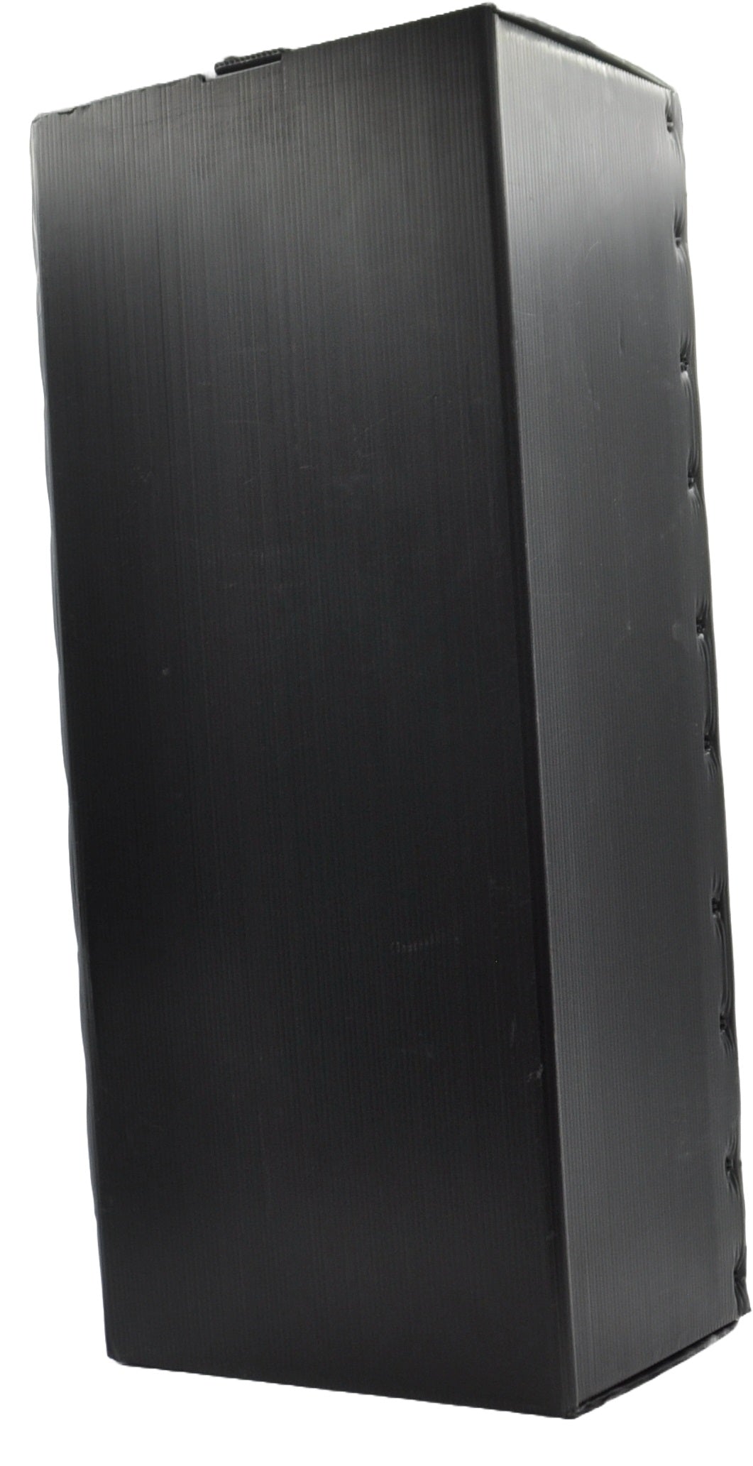 A test box for automatic door installation and maintenance,  black in colour made from corrugated plastic, On a white background.